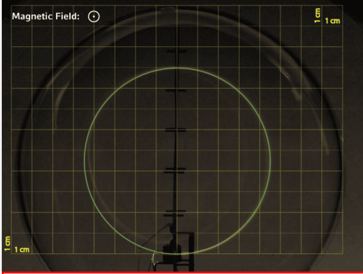 Dar demet tüpü içindeki elektron yörüngesi gözlemi. Yeşil ışıltılı daire elektron izini gösteriyor.